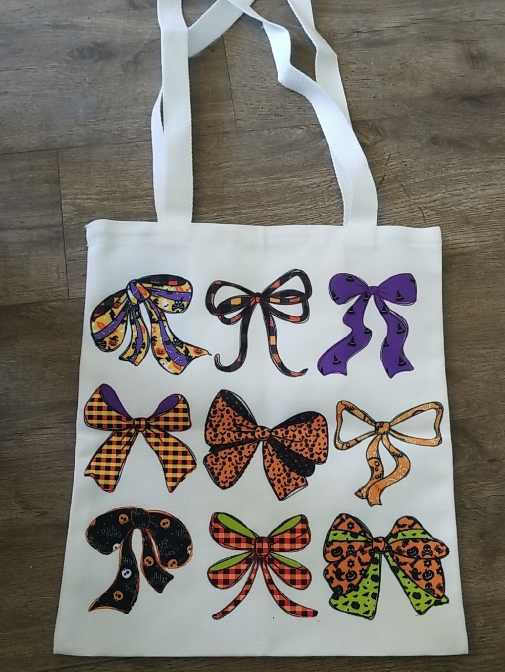 White Canvas Tote Bag with Colorful Bow Prints Brand New